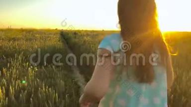 美丽的女孩在日落的天空上奔跑在绿色的麦田上。 自由概念。 日落时的麦田。 慢动作