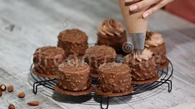 装饰巧克力迷你摩丝蛋糕。 巧克力榛子摩丝蛋糕上覆盖着巧克力釉。