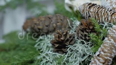 圣诞花环来自冷杉、松树和云杉树枝，白色背景上分离出锥。 节日装饰