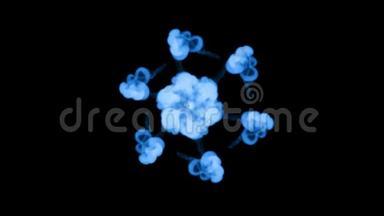 荧光蓝墨水或烟雾形成恒星，在黑色上缓慢地分离。 蓝色染料溶于水.. 使用墨水