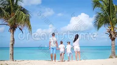 加勒比海度假海滩上<strong>四人</strong>一家的背面景色。 有两个孩子的父母享受加勒比海