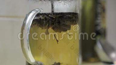 用透明玻璃茶机冲泡绿茶。 慢速视频