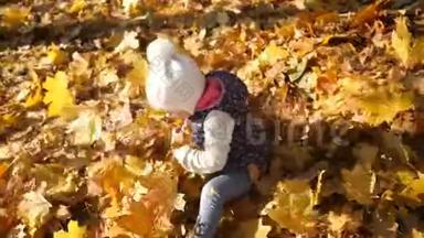 一个小女孩奔跑，掉进一堆黄叶里，快乐，幸福，一个温暖的秋日。