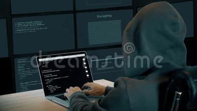 黑客在监控室的<strong>笔记本</strong>电脑上打字。 戴帽子的人坐在桌子旁。 黑客肩上的<strong>笔记本</strong>电脑屏幕