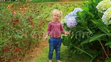 在公园里，小女孩站在蓝色绣球花旁边