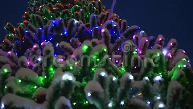 带有发光装饰的圣诞树。 在雪地里公园里的圣诞树