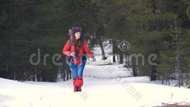 冬季山林徒步旅行的游客。 徒步旅行，登山，徒步旅行的概念。