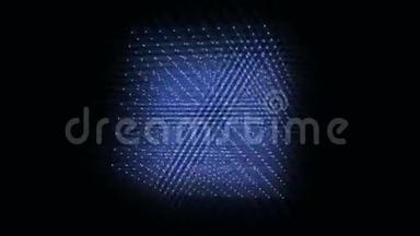三维立方体蓝色发光粒子旋转在<strong>对角</strong>线上的黑色背景。 无缝环动画