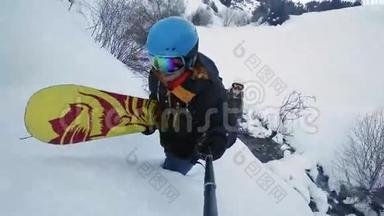 滑雪者的足迹，男人和女孩在山地越野冒险。