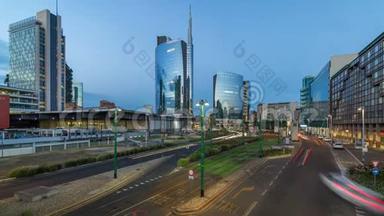 米兰的天际线与现代摩天大楼在意大利米兰的诺瓦港商业区<strong>日夜</strong>交替