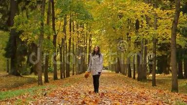 秋天，漂亮漂亮的<strong>女士</strong>在公园里徘徊，手里拿着一束<strong>叶子</strong>，转身扔树叶
