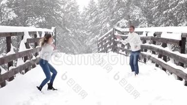 寒假期间，在雪林外的寒假里，一对有趣的夫妇在一起玩耍。
