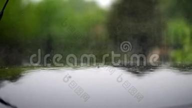 近处，有大雨，<strong>阵雨</strong>，大雨落下来，溅起水花，在潮湿的黑车罩表面站立