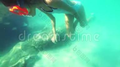 戴着水下面具的女孩在水下游泳，看着水下世界和热带小鱼