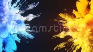 彩色爆炸-两个蓝色、黄色、彩色烟雾爆炸流体粉末、液体气体颗粒、慢运动阿尔法哑光