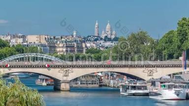 耶拿桥和圣心教堂-教堂时间推移桥。 巴黎，法国。
