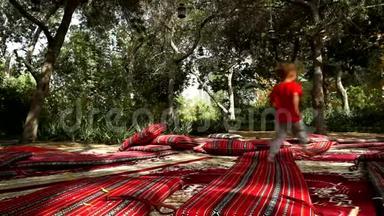 有趣的小男孩在公园里用<strong>地毯</strong>和床<strong>垫</strong>奔跑和欢乐。