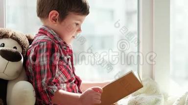 儿童阅<strong>读书籍</strong>，聪明的孩子穿着格子红色衬衫坐在窗户上拿着书