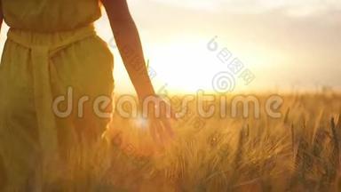 日落时分，一个穿红裙子的女孩跑过田野