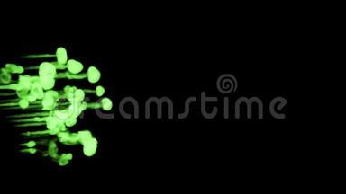 荧光亮绿的颜色在水中旋转，许多滴墨水。 这是3D渲染镜头的慢动作墨水