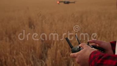 农夫双手握着<strong>遥控</strong>器，四架直升机在后台飞行。 <strong>无人机</strong>在后面徘徊