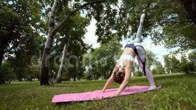 女孩在冥想。 专业瑜伽练习在公园做呼吸练习。 年轻的黑发女人练习瑜伽