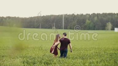 恋爱中的男人和女人。 一对夫妇在燕麦地散步，接吻，拥抱。 穿红色衣服的女人感动男人的脸。 慢节奏