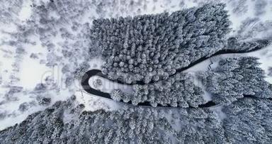 头顶高空俯视汽车行驶在簪弯转弯的山路上，冬雪覆盖森林。 白<strong>松松</strong>松