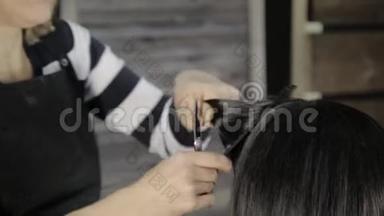 专业的理发师为一个年轻的女人理发。 剪发特写..