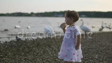 年轻的母亲带着她的小女儿在<strong>河边</strong>喂天鹅和小鸭子，小鸟在<strong>河边</strong>吃面包，穿着点缀的裙子