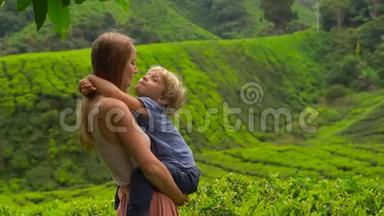 年轻妇女和她的儿子参观高地茶园。 新鲜，茶的概念