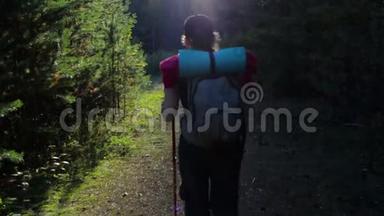 女孩，带着背包在<strong>森林</strong>里散步的<strong>游客</strong>。 美丽的魔法光