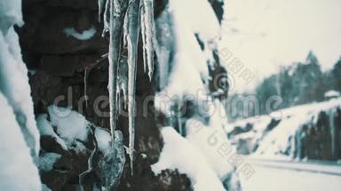 雄手在白雪覆盖的石崖边折断冰柱