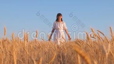 穿着白色衣服的女孩走向成熟的小麦，女孩的手触摸成熟的小麦耳朵，慢动作。 熟小麦