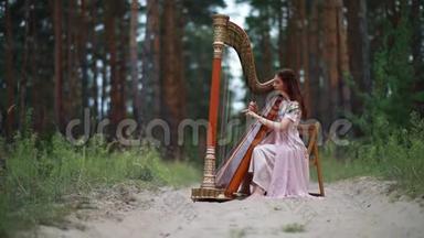 女竖琴演奏者坐在森林里，在松树的背景下演奏竖琴。
