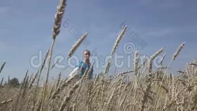 快乐的年轻苗条的女人，穿着蓝色连衣裙的长发，在夏天阳光明媚的日子里，在成熟的<strong>麦子</strong>里旋转。 慢动作