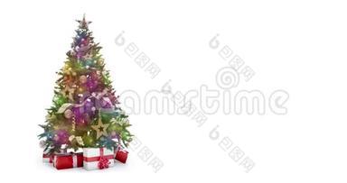 循环多彩灯装饰圣诞树白色背景上的礼品盒与文字空间放置标志o