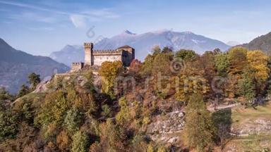 瑞士空中4k秋季城堡Ticino Castello Sasso Corbaro瑞士空中4k