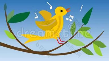 动画黄色金丝雀。 用绿叶在树枝上唱金丝雀。 可爱的夏季<strong>卡通动画</strong>与鸟。