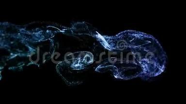 蓝色发光粒子的抽象动画背景，液体流中发光粒子的美丽效果，如
