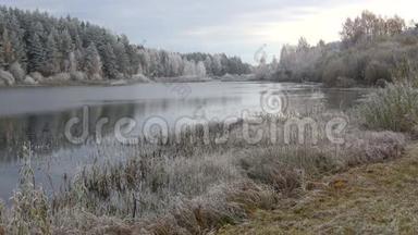 秋霜中湖光山色.. 布格罗沃村，普什金斯基戈里。 俄罗斯