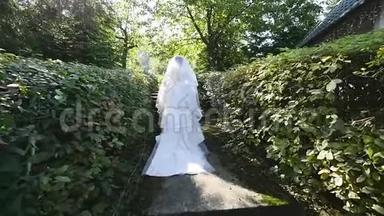 新娘沿着灌木丛之间的小路走