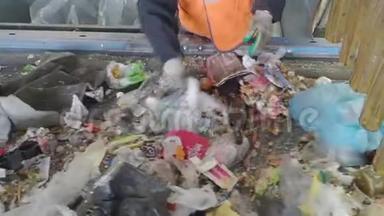 俄罗斯垃圾回收厂输送机上的垃圾分类