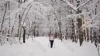老年妇女从事一种新型的运动，在冬季积雪覆盖的木材中行走。 北欧在职养恤金<strong>领取</strong>者
