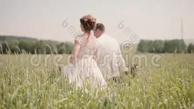 在婚礼那天，一对相爱的夫妇在麦田里牵手散步。 漂亮的结婚礼服