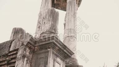 意大利罗马的一个淡淡的迷人景色代表了被南方植物包围的白色古代大理石柱。