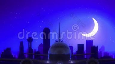 美国达拉斯美国达拉斯航空公司飞机起飞月夜蓝天线旅行