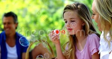 母亲和女儿在公园野餐时用泡泡棒吹泡泡