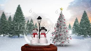 神奇森林中雪<strong>球</strong>雪人情侣可爱的圣诞动画