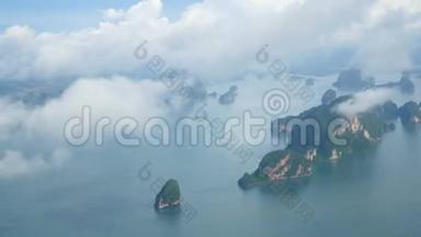 4K. 顶部观看空中视频美丽的自然景观与许多小岛屿周围普吉岛，泰国。 从飞机上的镜头